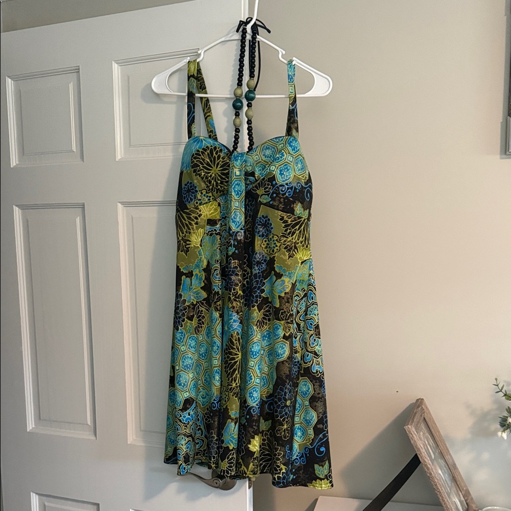 Dressbarn Brown and Blue Floral Dress with Beaded Necklace